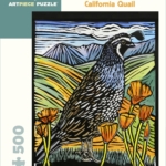 Quail woodcut among poppies and rolling hills