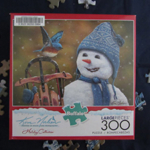 Adorable bird making friends with a snowman