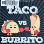 Cartoon taco facing off against cartoon burrito, with boxing gloves