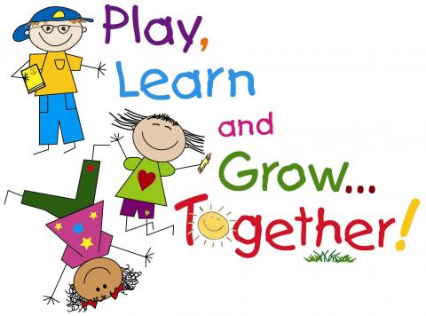 Drawing of kids playing and learning together.