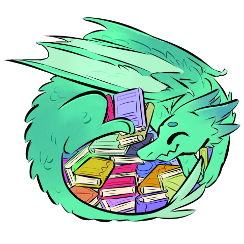 A green dragon curled around a pile of books
