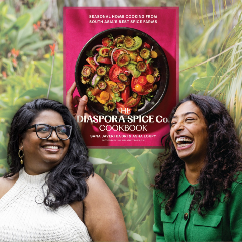 Sana Jeveri Kadri and Asha Loupy on a floral background with their book, The Diaspora Spice Co Cookbook