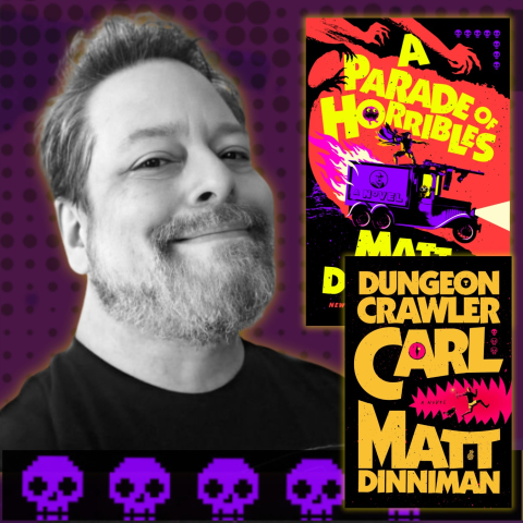 A grayscale picture of Matt Dinniman on a purple background in front of his two books A Parade of Horribles and Dungeon Crawler Carl