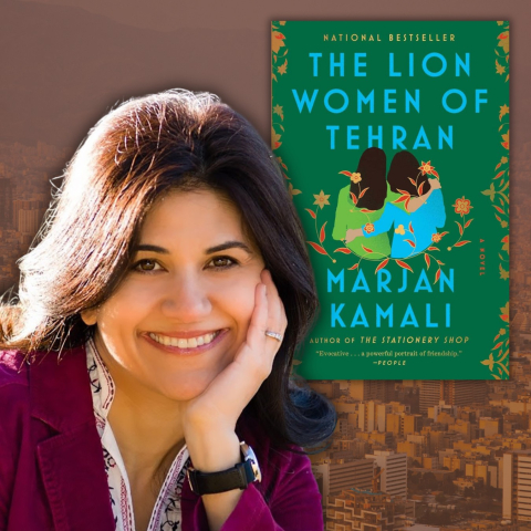 A smiling woman on a faded city background in front of a book titled The Lion Women of Tehran by Marjan Kamali