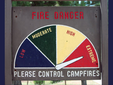 A fire meter on a wooden sign with the indicator on extreme with the words Please control campfires underneath it