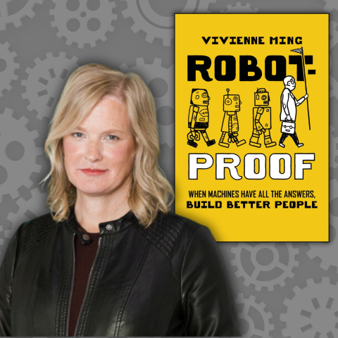 A woman standing in front of a gray gear covered background in front of a yellow covered book titled Robot Proof: When machines have all the answers, build better people by Vivienne Ming