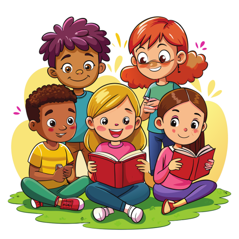 Diverse Children Sit On Grass Reading Books.