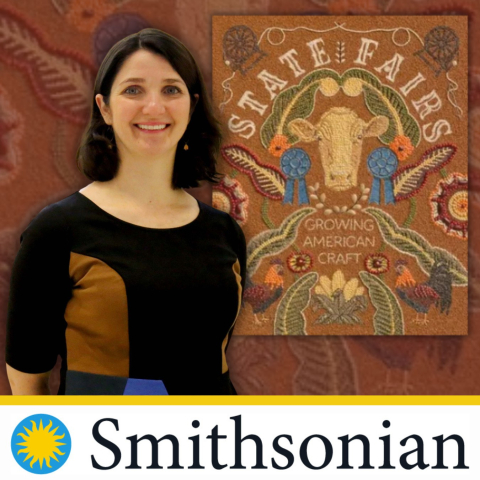 Author Mary Savig standing next to her book "State Fairs: Growing American Craft"