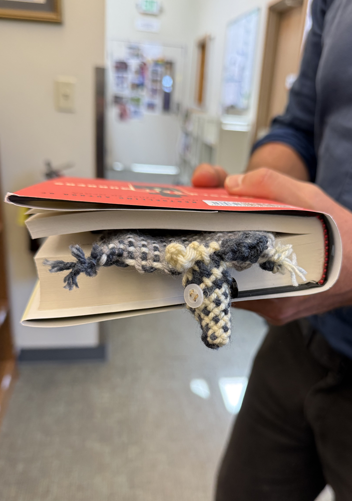 Flat Rat bookmark in a book.