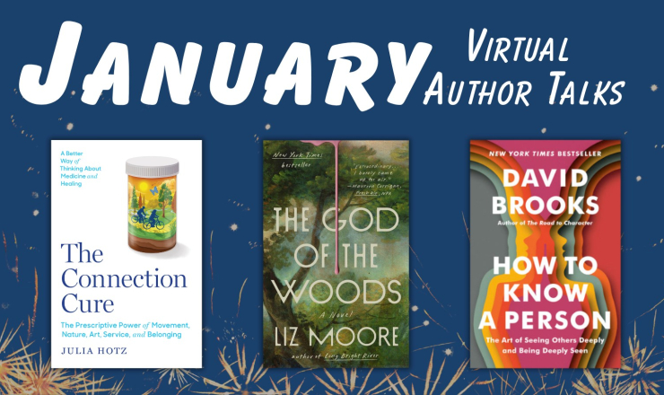 Books on a fireworks background with the words January Vitural Author Talks