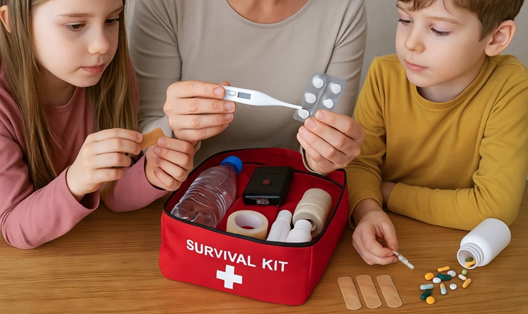 Children watch on as mom packs an emergency first aid kit.