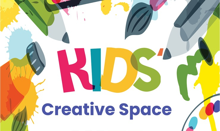 Art Supplies surround the words Kids' Creative Space