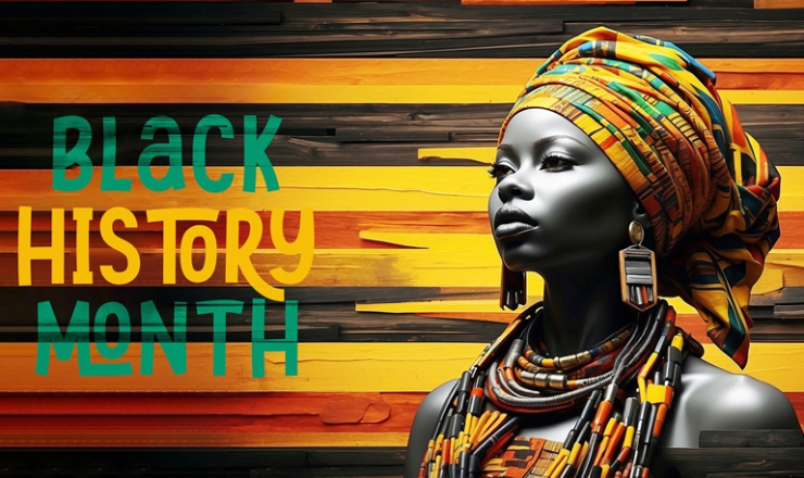 Black History Month Banner with Colorfully Dressed African American Woman