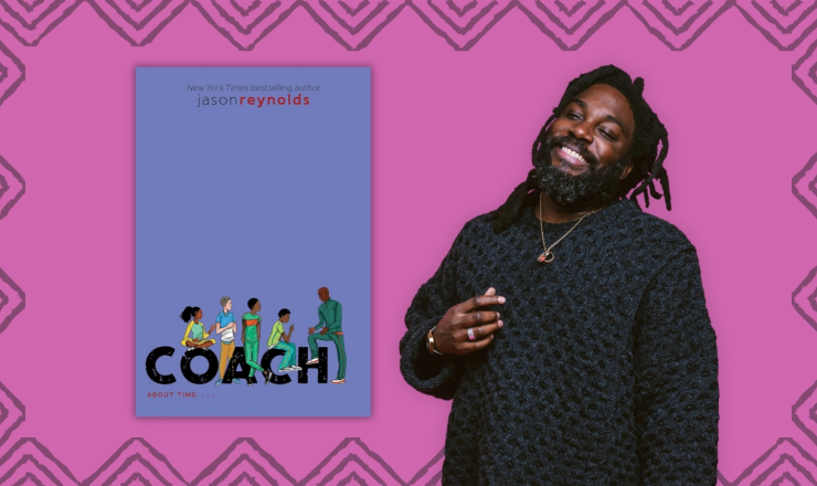 Jason Reynolds next to his new book "Coach" on a pink background