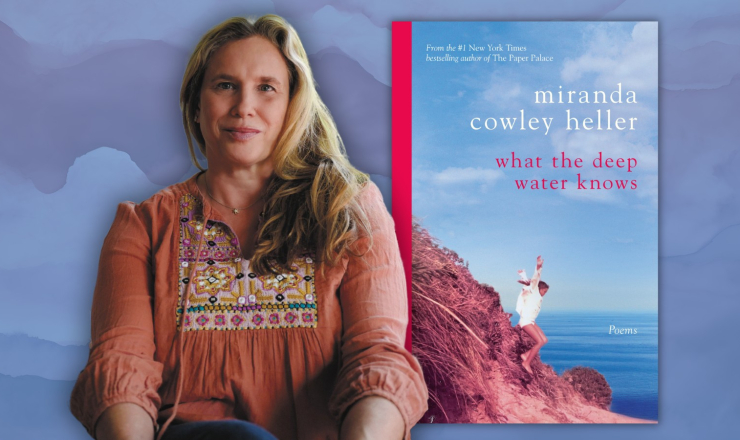 Miranda Cowley Heller next to her book "What the Deep Water Knows" on a purple background